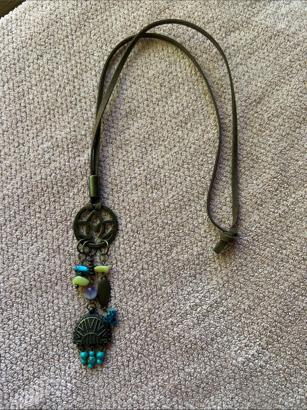 Bohemian Turquoise Bead Pendant Necklace Soft Leather Cord